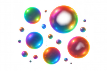 Colorful soap bubbles floating on a transparent background, creating a vibrant and playful atmosphere