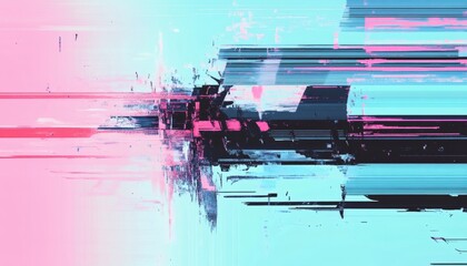 The illustration is an abstract digital painting featuring horizontal streaks of cyan, pink, and black, creating a glitch art effect.