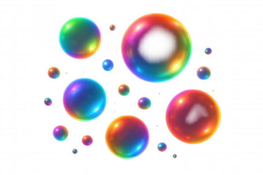 Colorful soap bubbles floating on a transparent background, creating a vibrant and playful atmosphere