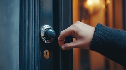 Naklejka premium Hand ringing doorbell on blue door