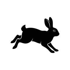 Silhouette of a leaping rabbit captured in motion against a clean white square detail silhouette