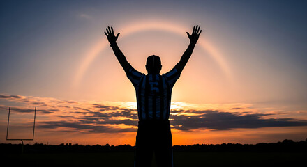 Fototapeta premium American football referee raising arms at sunset with rainbow halo over field goal post