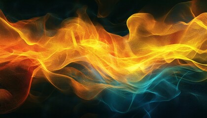 The illustration shows dynamic, flowing wave patterns in shades of orange and teal against a dark background.