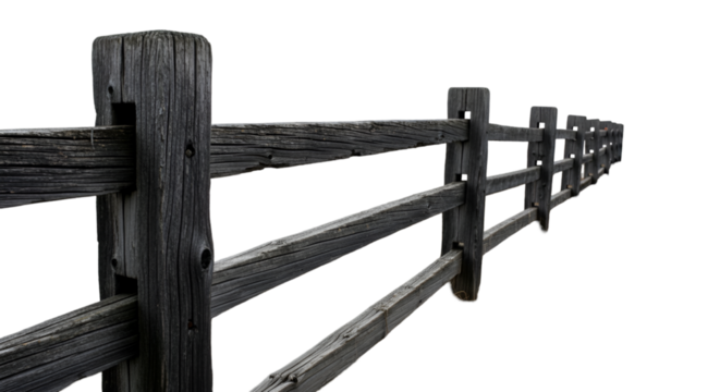 Rustic Wooden Split Rail Fence on Black Background