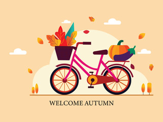 Autumn Bicycle Illustration with Pumpkin and Fall Leaves