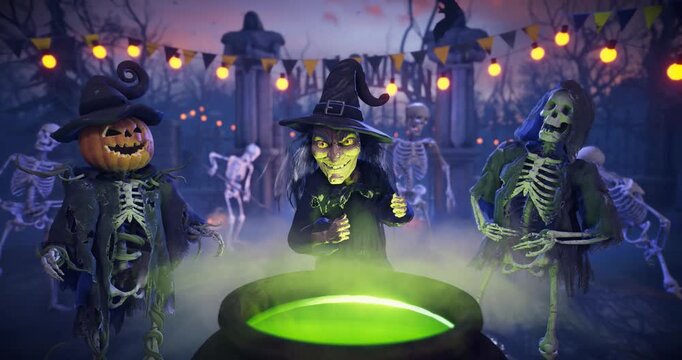 A witch brews a potion surrounded by skeletons in a gothic cemetery. 3D animated video for Halloween cards, invitations, posters, parties and events