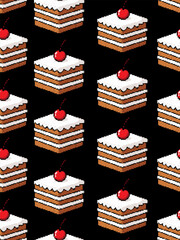 sweet dessert pixel art seamless pattern with cherry cake on dark background pastry confectionery design