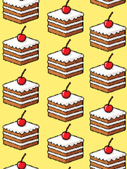 retro pixelated sweet cake slices cherry on top seamless pattern yellow background for birthday bakery designs wrapping paper
