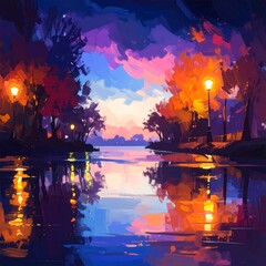 Colorful autumnal park by the water