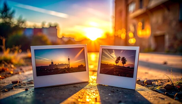 Two instant photos of sunrise cityscape