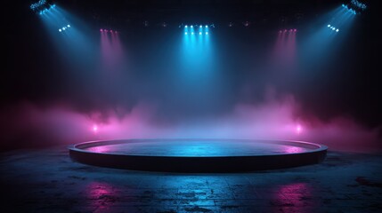 empty circular stage illuminated with blue and pink foggy spotlights in a dark room creating a mysterious and dramatic atmosphere