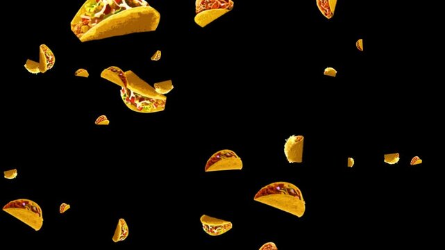 Tacos  looping on a transparent background. Animated falling top to bottom, flying, bouncing and floating