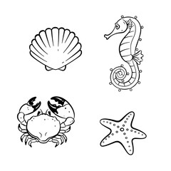 Icons of shells, sea horse, crab, starfish on a sea background. Modern black style symbols isolated on white for infographics or web use. 
