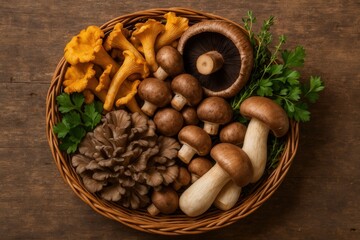 Assorted mushrooms in basket with green herbs on aged wood surface, overhead composition, editorial-ready