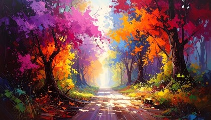 Colorful autumnal pathway through trees