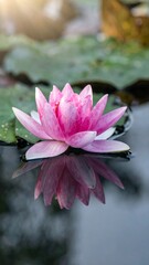 Pink lotus flower on water, beautiful reflection