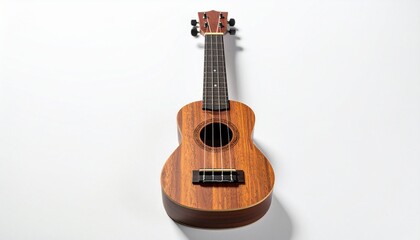 Wooden ukulele with visible grain, circular sound hole, black bridge, and extended fretboard, placed against a white background to highlight its design and craftsmanship.