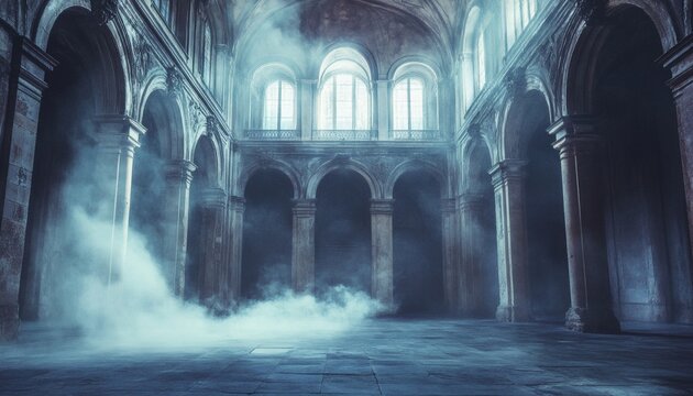 A long hallway in an ancient building with stone columns, arched doorways, and large windows, is filled with a light fog.