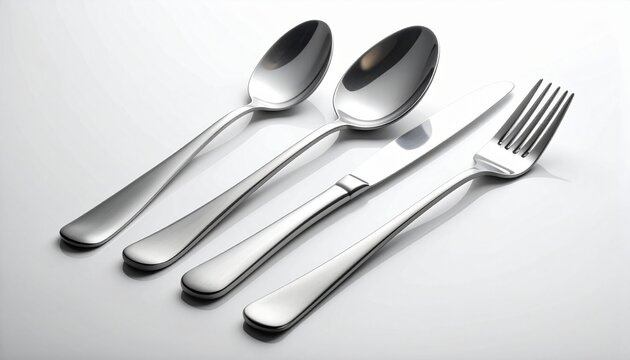 Four stainless steel cutlery pieces&mdash;tablespoon, teaspoon, knife, and fork&mdash;arranged neatly on a white surface, showcasing modern design and polished finish.