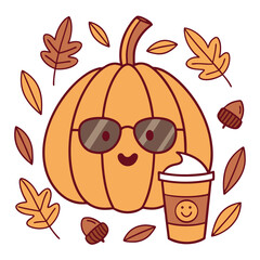 Cartoon pumpkin with sunglasses enjoys a coffee among falling autumn leaves on white