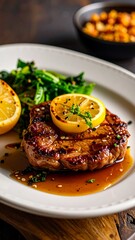 Grilled pork chop with lemon and greens