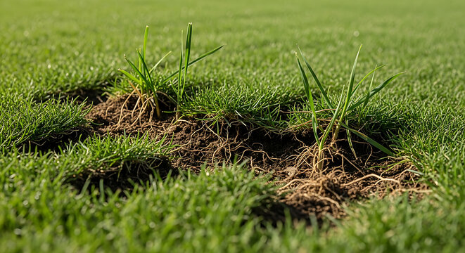 Close up of a damaged lawn showing a patch of dry soil and weeds with lush green grass surrounding it on a sunny day