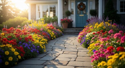 Obraz premium Beautiful Flower Garden Pathway Leading to a Charming House.