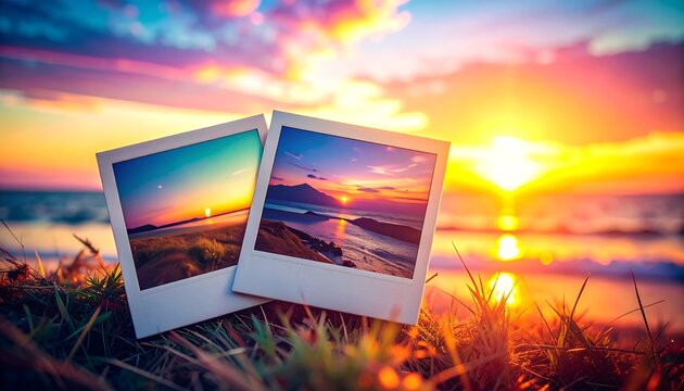 Two instant photos of sunsets over water