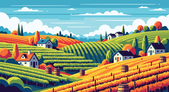 Scenic vector landscape illustration of a vineyard in autumn with colorful fields, cottages, and rolling hills, symbolizing wine culture, countryside charm, and seasonal beauty