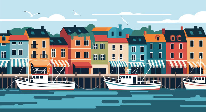 Scenic vector landscape illustration of a colorful harbor town with fishing boats, waterfront houses, and striped awnings, capturing coastal charm, tourism, and maritime lifestyle