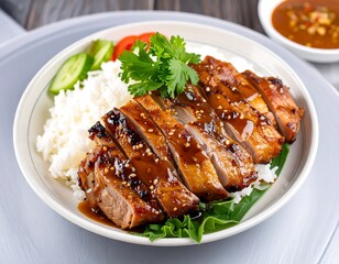 Grilled pork with rice and vegetables