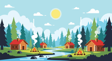 Scenic vector landscape illustration of wooden cabins with campfires by a river in a pine forest, evoking nature, relaxation, outdoor adventure, and peaceful travel escape