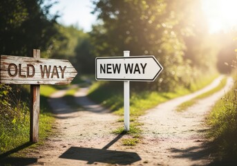 A fork in the road with signs pointing to the old way and new way under bright sunlight in a forest environment during the day
