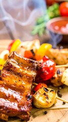 Grilled ribs and skewers on a wooden board
