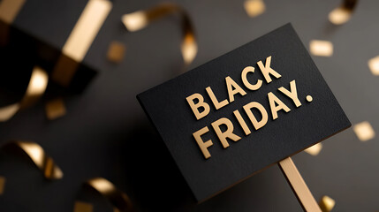 Black Friday announcement with confetti. Festive atmosphere for a major shopping event. Get ready for deals!