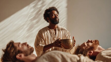 Tranquil sound healing session with male practitioner in linen attire