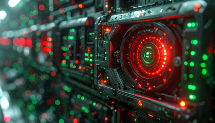 Obraz premium Intricate Cybernetic Vision: A close-up view into the inner workings of a futuristic machine, showcasing complex circuit boards and glowing red and green lights.