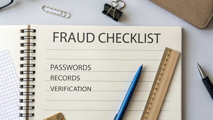 Comprehensive Fraud Checklist with Notepad and Office Supplies on Table