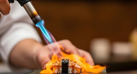 Close up of a craftsman using a blowtorch to heat and shape metal jewelry or intricate metalwork with a vibrant blue flame