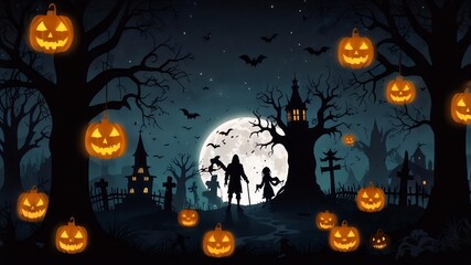 Una casa embrujada y un cementerio con calabazas en un paisaje oscuro de Halloween. La luna llena domina la escena.