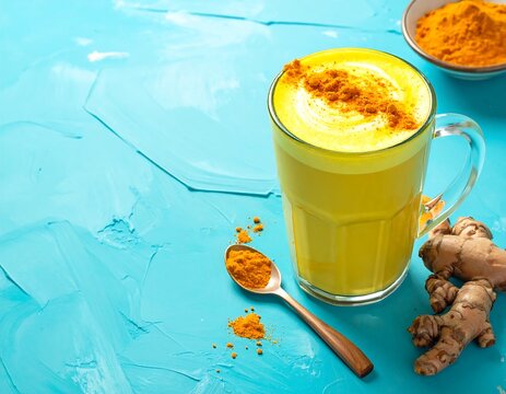 A vibrant turmeric latte arrangement on a textured turquoise backdrop