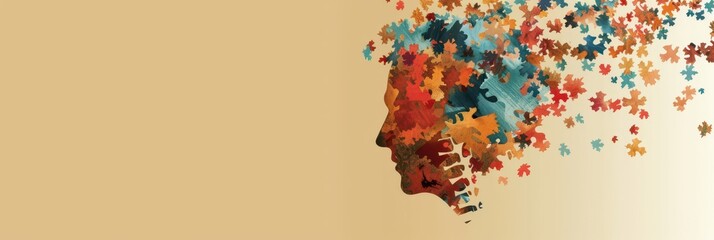 Alzheimer disease awareness month concept with colorful puzzle pieces silhouette. Horizontal banner, copy space. Brain dysfunction. Memory loss, disorientation, degenerative disorder. Mental health