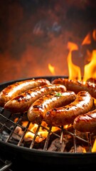 Grilled sausages sizzling on a barbecue