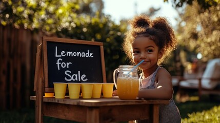 Kid's homemade lemonade stand business in sunny backyard setting