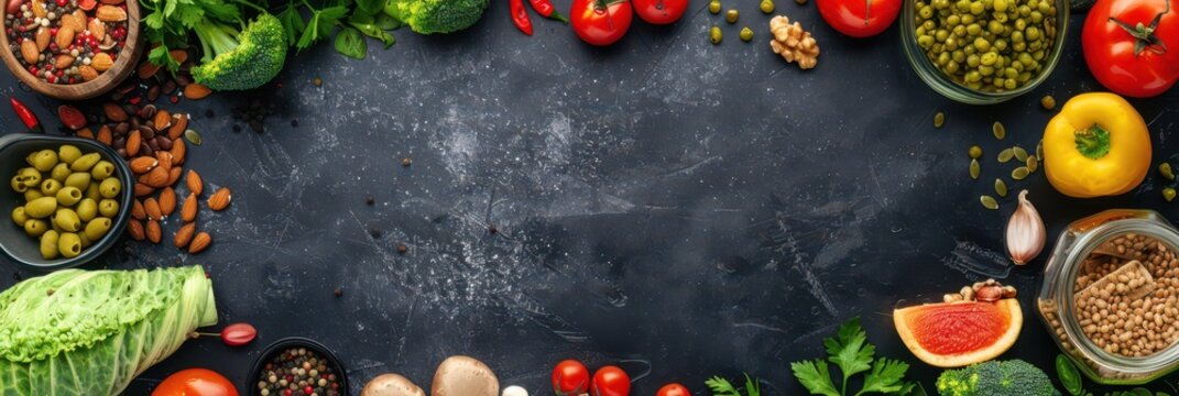 World vegan day celebration with fresh vegetables and nuts display. Template with fresh vegetables. Horizontal banner. Copy space. Healthy Food. World Vegetarian Day