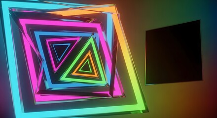 Abstract geometric tunnel of colorful neon triangles receding into infinity with a dark square on the right