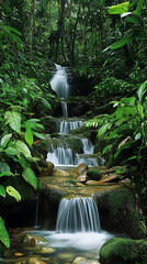 Tropical rainforest waterfall cascading over mossy rocks and greenery high resolution picture