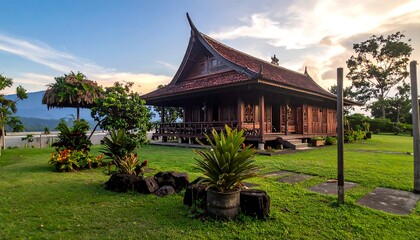Fototapeta premium Traditional Wooden House in a Scenic Landscape.