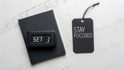 Motivational Tag for Focus on Desk with Timer and Notebook Setup