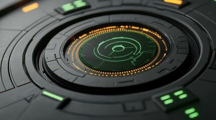 A detailed close-up of a circular, high-tech interface featuring glowing green accents and intricate patterns, evoking a futuristic design.